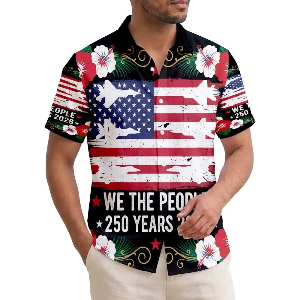 America 250th Anniversary Distressed Flag Fighter Jet 'We The People' Hibiscus Scroll Short-sleeve Hawaiian Shirt - 1