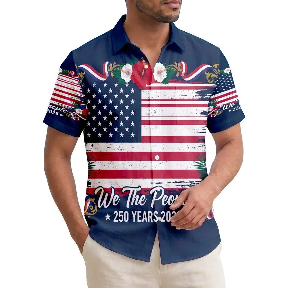 America 250th Anniversary Patriotic Hawaiian Flag Jets We The People Hibiscus Scrollwork Short-sleeve Hawaiian Shirt - 1