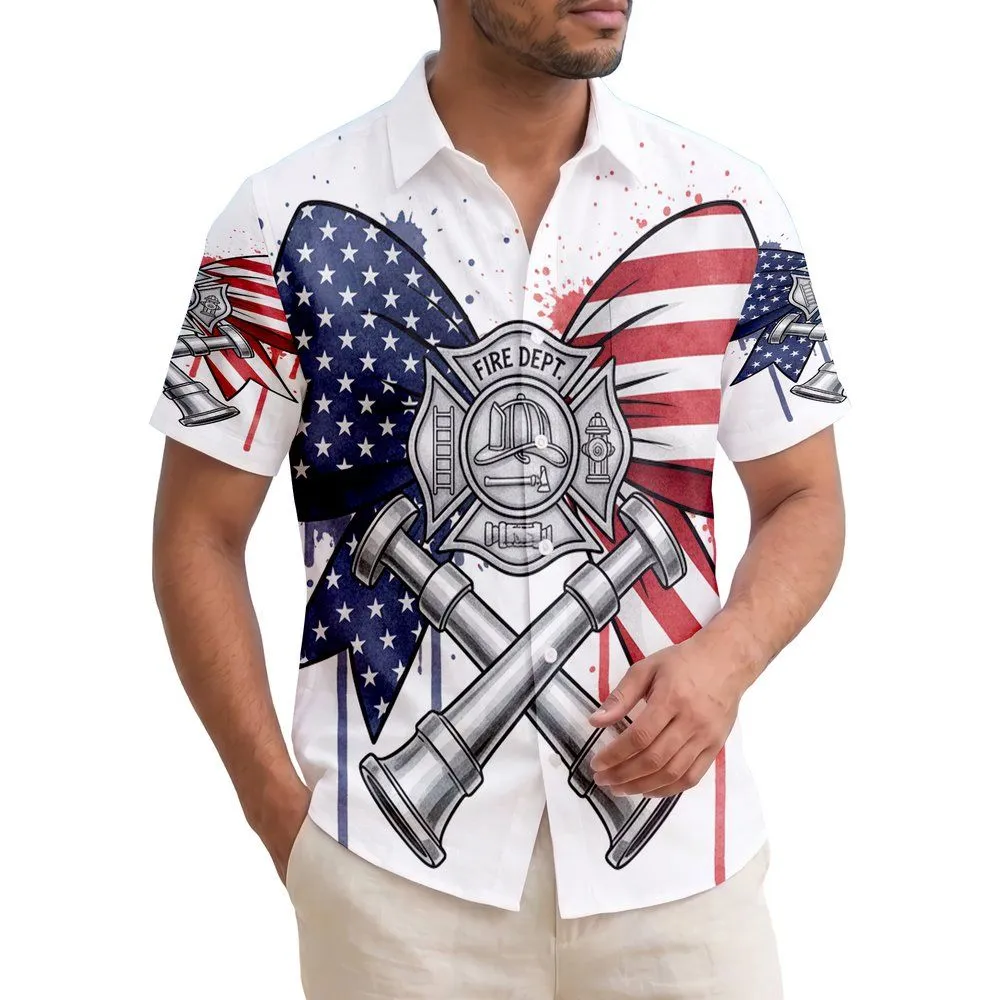Firefighter Patriot America 250th Hawaiian Flag Bow Maltese Cross Distressed Watercolor Short-sleeve Hawaiian Shirt - 1