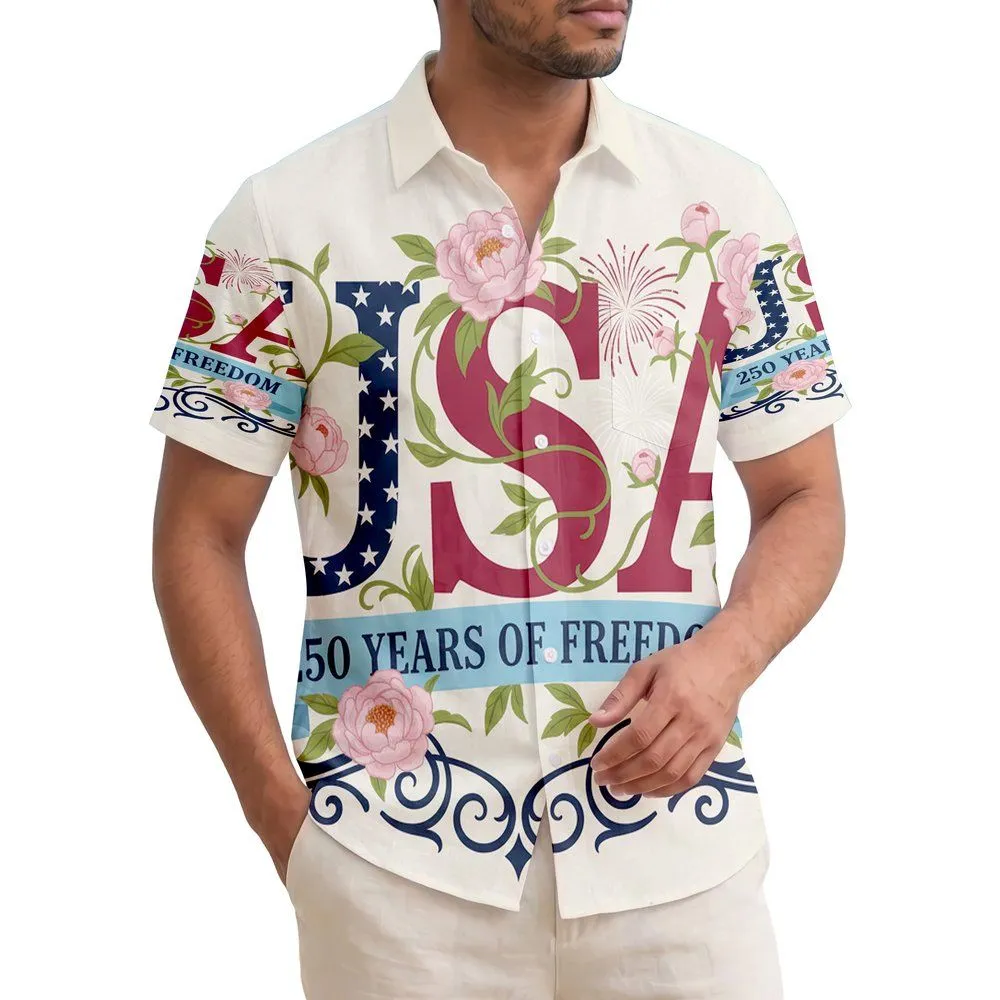 America 250th Anniversary USA Stars Crimson Peonies Freedom Banner Fireworks Short-sleeve Hawaiian Shirt - 1