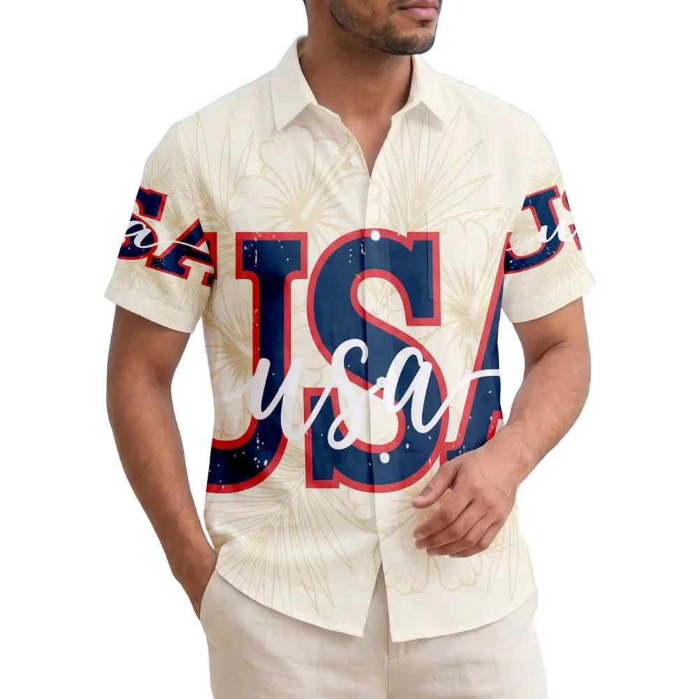 America 250th Anniversary USA Block Script Letters Hibiscus Palm Stars Short-sleeve Hawaiian Shirt - 1