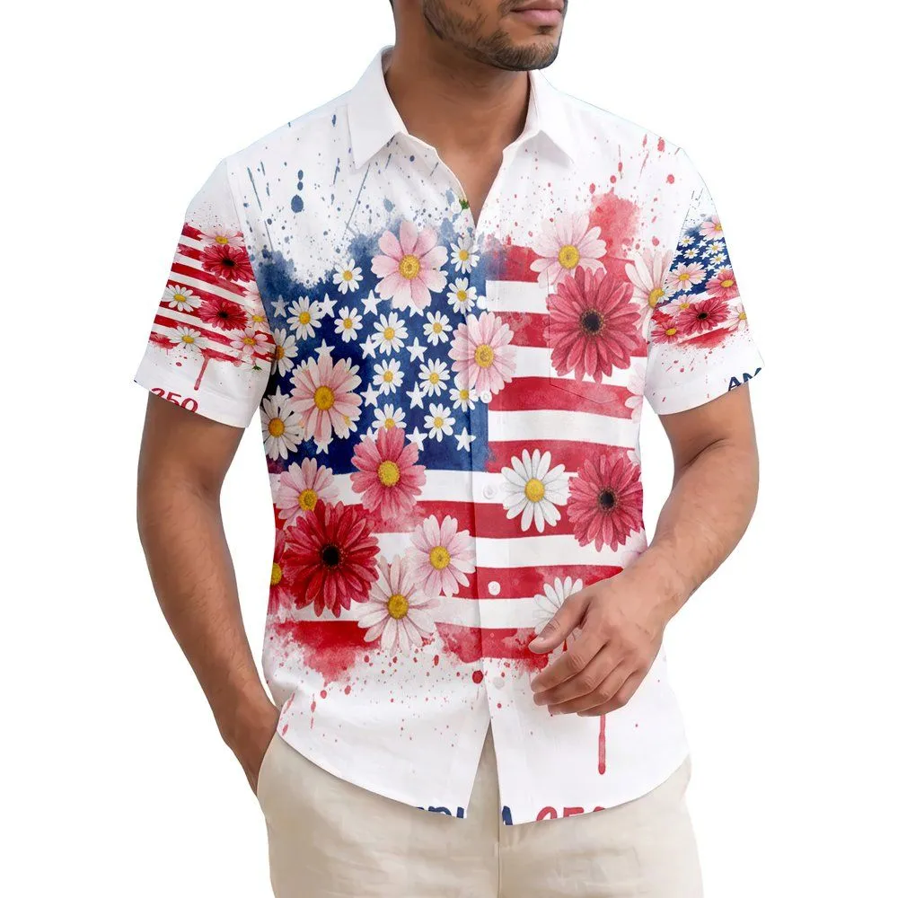 USA 250th Anniversary Patriotic Watercolor Floral Flag: Hawaiian Daisy Gerbera Short-sleeve Hawaiian Shirt - 1