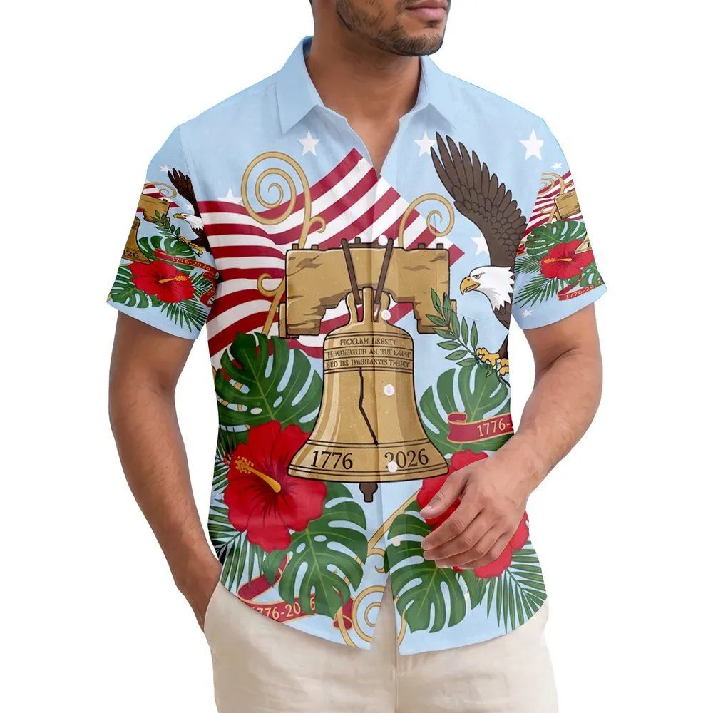 USA 250th Anniversary Liberty Bell Flag Eagle Tropical Hibiscus '1776-2026' Scrollwork Short-sleeve Hawaiian Shirt - 1