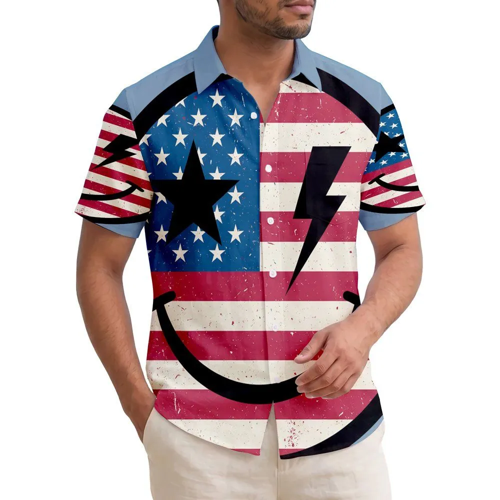America 250th Birthday Patriotic Hawaiian Flag Smiley Grunge Emblem Design Short-sleeve Hawaiian Shirt - 1