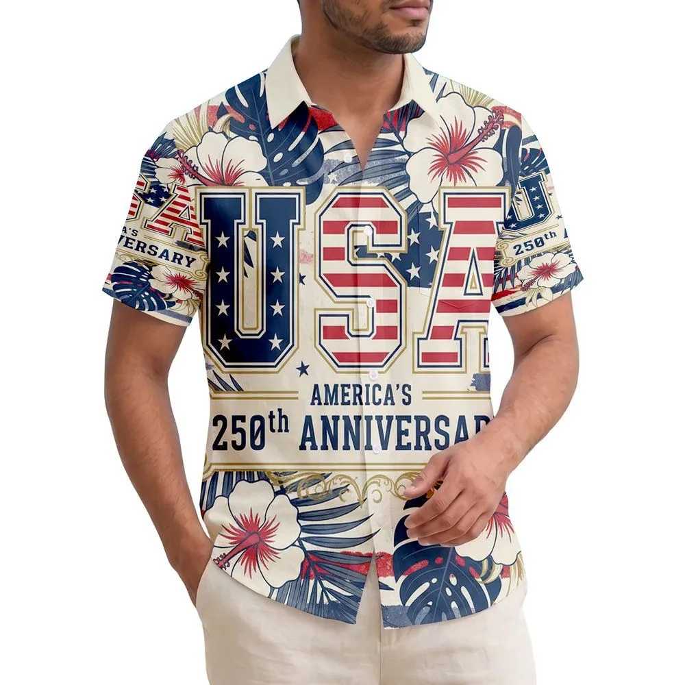 USA 250th Anniversary Patriotic Tropical Hibiscus Palm Star Navy Red White Short-sleeve Hawaiian Shirt - 1