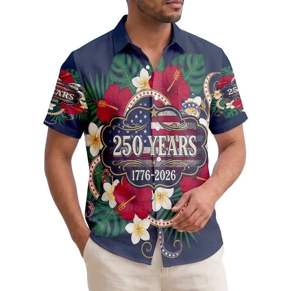 USA 250th Anniversary Hawaiian Flag '1776-2026' Hibiscus Plumeria Tribute Short-sleeve Hawaiian Shirt - 1