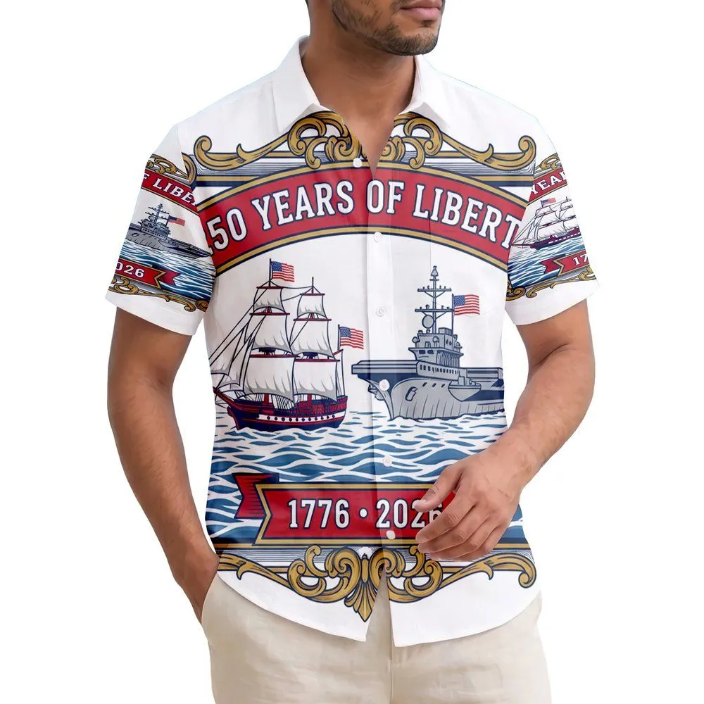 America 250th Liberty Celebration: Historic Ship & Navy Carrier - Patriotic Vintage Frame Short-sleeve Hawaiian Shirt - 1