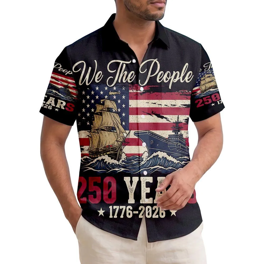 We The People 250th Anniversary Distressed Flag Ship Carrier 1776 Rugged Americana Short-sleeve Hawaiian Shirt - 1