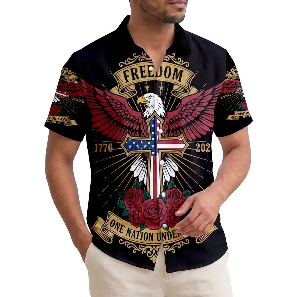 Patriot USA 250th Eagle Flag Cross Freedom 1776 2026 One Nation Under God Black Short-sleeve Hawaiian Shirt - 1