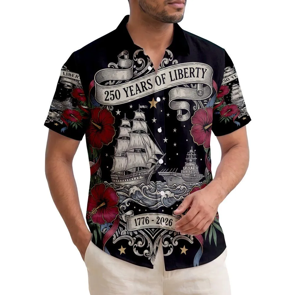 USA 250th Anniversary: Liberty Tall Ship Carrier Hawaiian Emblem 1776-2026 Short-sleeve Hawaiian Shirt - 1