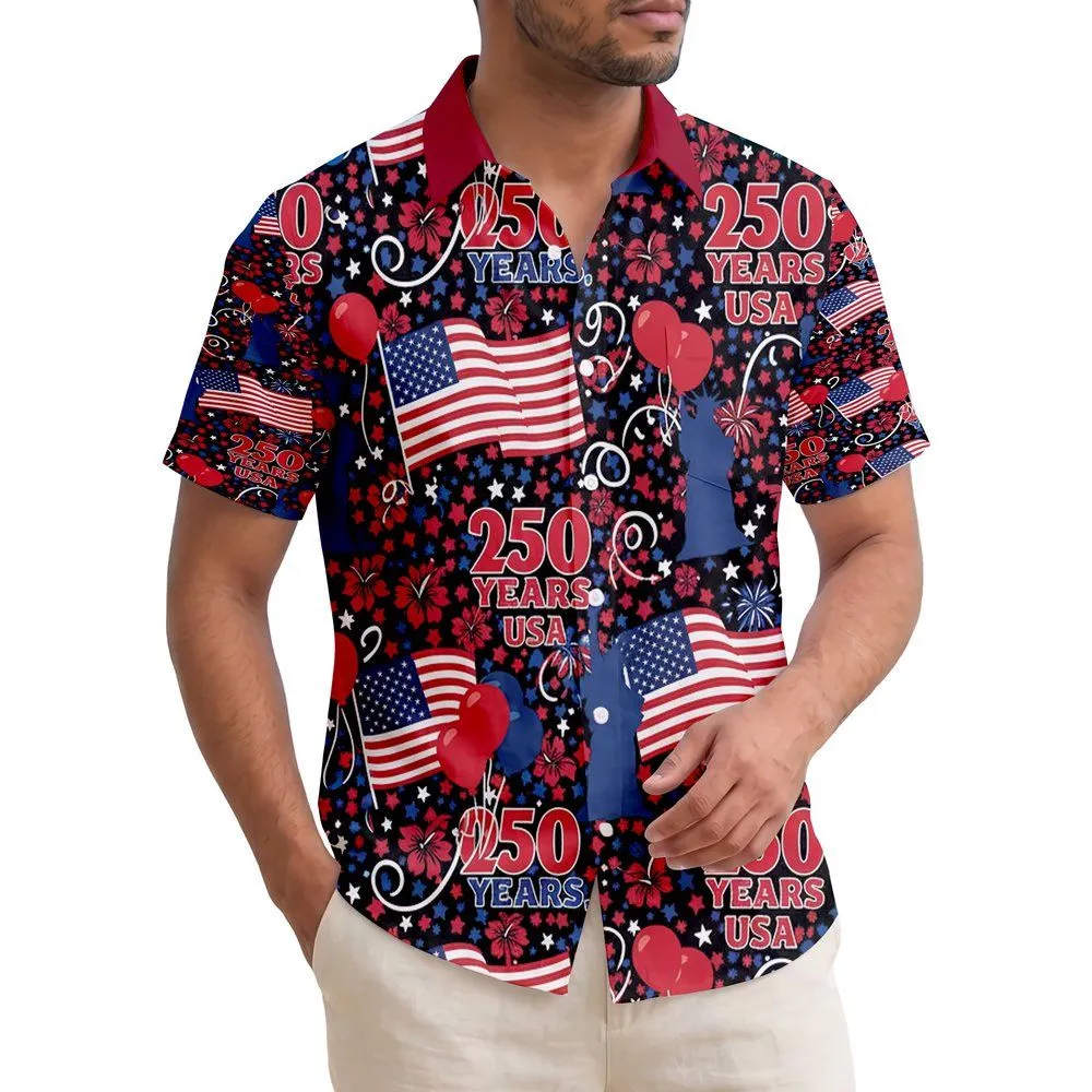 USA 250th Birthday Waving Flag Liberty Tropical Pattern Red Blue White Black Stars Confetti Short-sleeve Hawaiian Shirt - 1