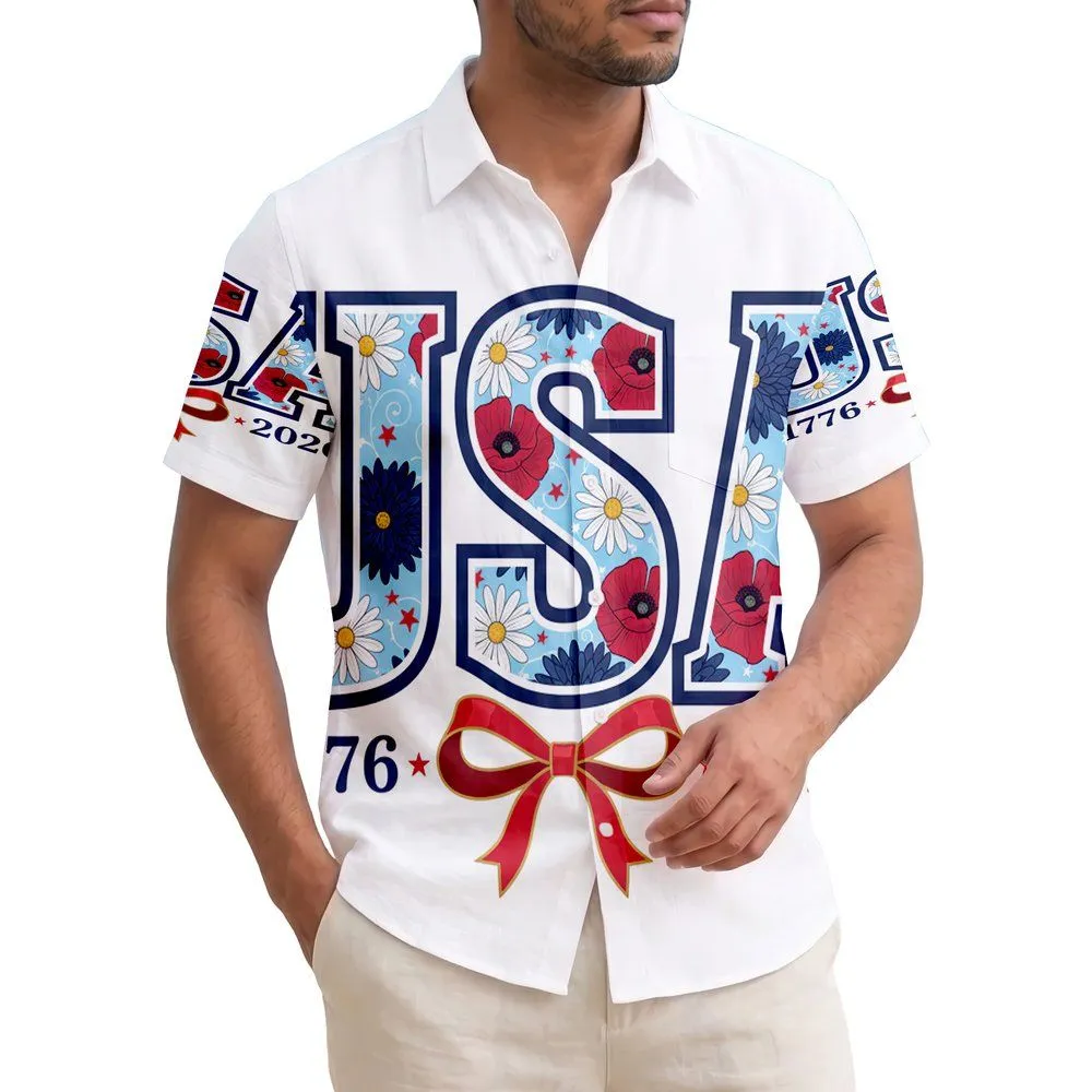 USA 250th Anniversary Patriotic Floral Letters 1776-2026 Tropical Americana Short-sleeve Hawaiian Shirt - 1