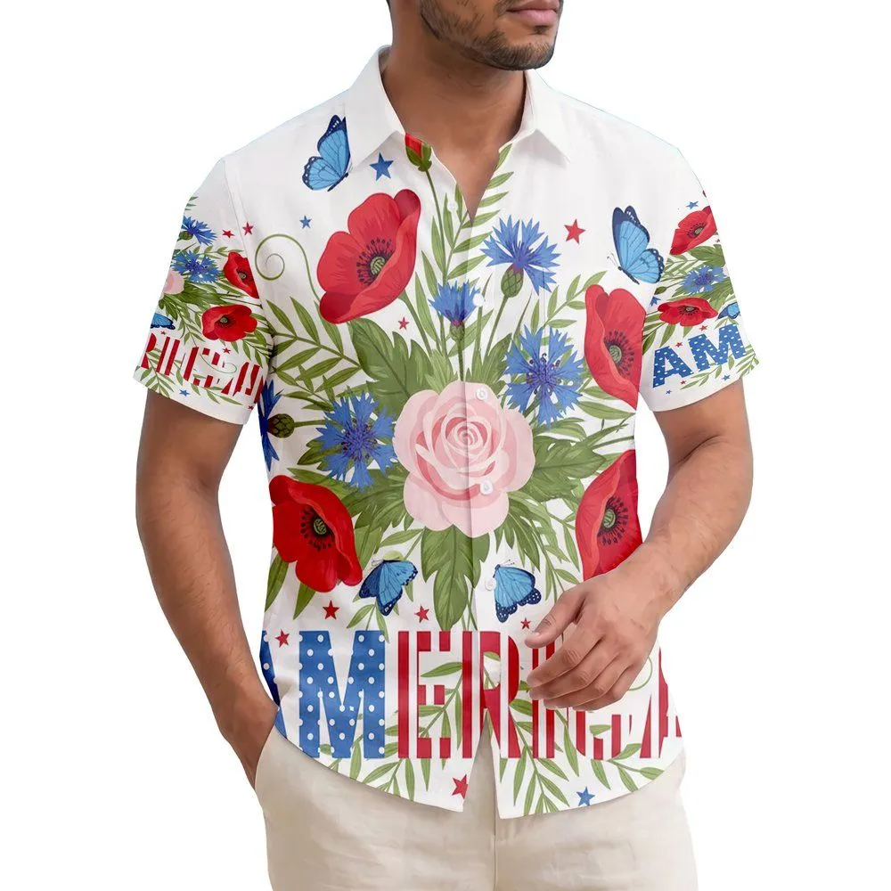 America 250th Anniversary Floral Poppies Cornflowers Rose AMERICA Polka Dot Stripes Short-sleeve Hawaiian Shirt - 1