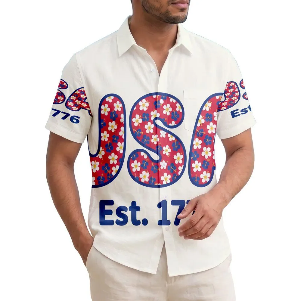 America 250th Est. 1776 Floral USA Crimson Daisy Blue Tropical Cream Design Short-sleeve Hawaiian Shirt - 1