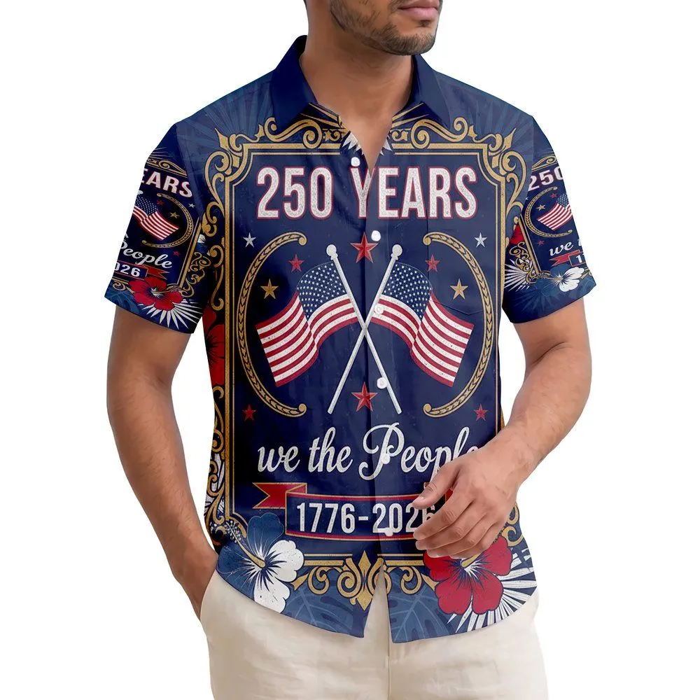 America 250th Anniversary Patriotic Vintage Emblem 'We the People' 1776-2026 Eagle Flags Tropical Short-sleeve Hawaiian Shirt - 1