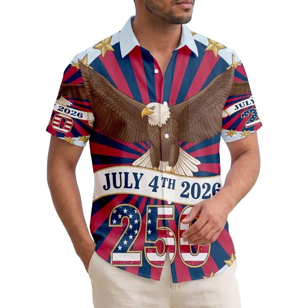 America 250th Semiquincentennial Bald Eagle July 4th 2026 Flag Stars Short-sleeve Hawaiian Shirt - 1