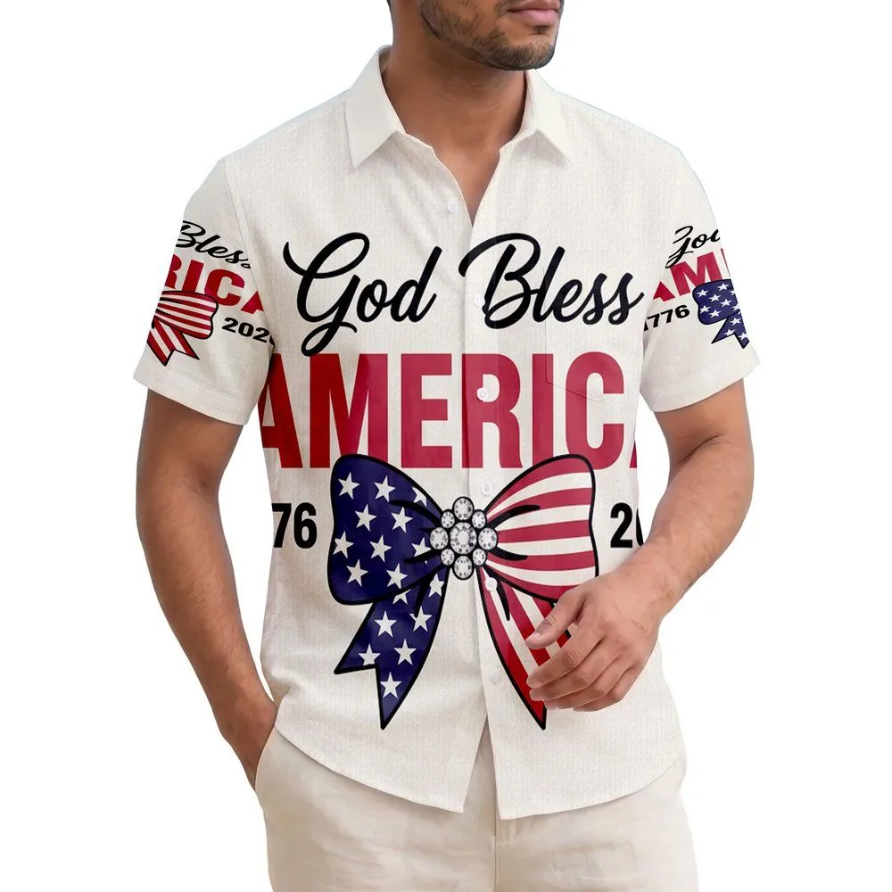 America 250th Anniversary God Bless AMERICA 1776-2026 Patriotic Rhinestone Bow Short-sleeve Hawaiian Shirt - 1