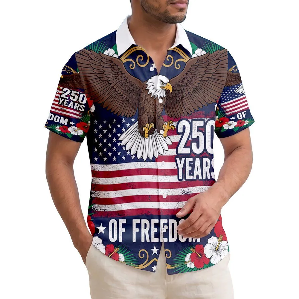 USA 250th Anniversary Eagle Flag Tropical Hibiscus Freedom Patriotic Motif Short-sleeve Hawaiian Shirt - 1