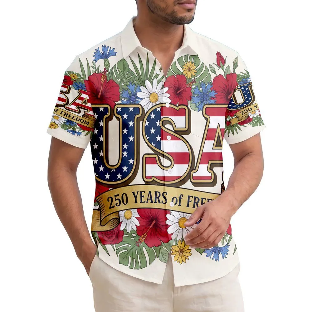 USA 250th Anniversary Patriotic Floral USA Navy Stars Red Stripes Freedom Scroll Short-sleeve Hawaiian Shirt - 1