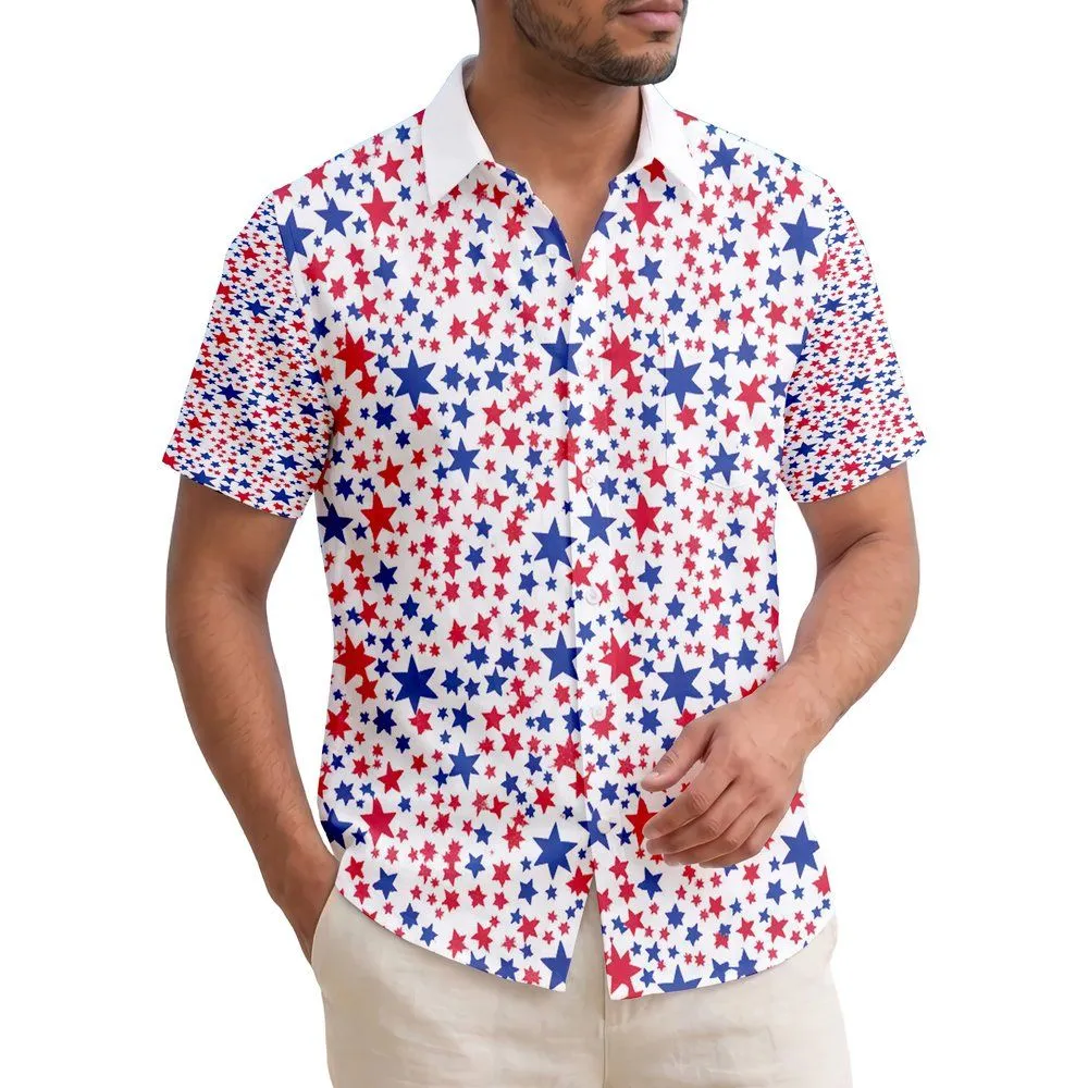 USA 250th Anniversary Hawaiian Scattered Star Pattern - Navy Royal Crimson White Short-sleeve Hawaiian Shirt - 1