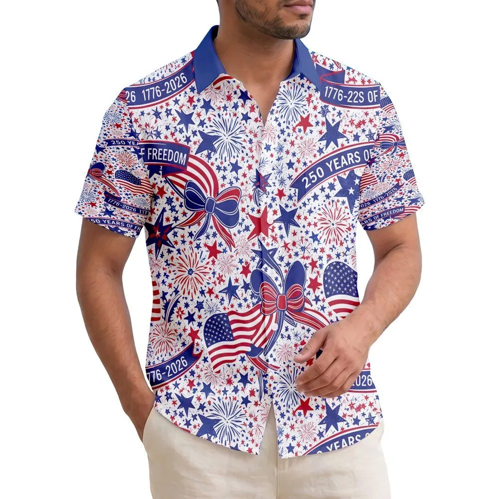 America 250th Anniversary Celebration: Hawaiian Flag Heart Stars Fireworks Banners 1776 Short-sleeve Hawaiian Shirt - 1