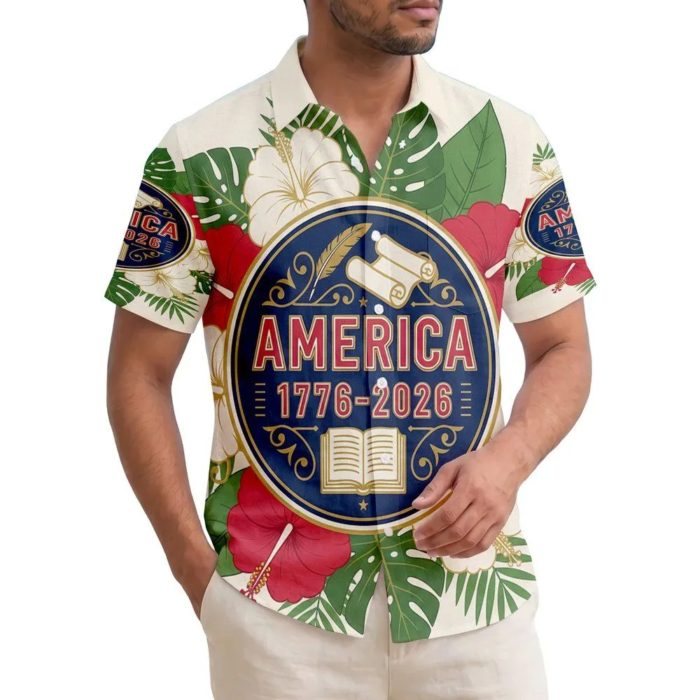 America 250th Commemorative: Patriotic Literary Emblem Tropical Hibiscus Design Short-sleeve Hawaiian Shirt - 1