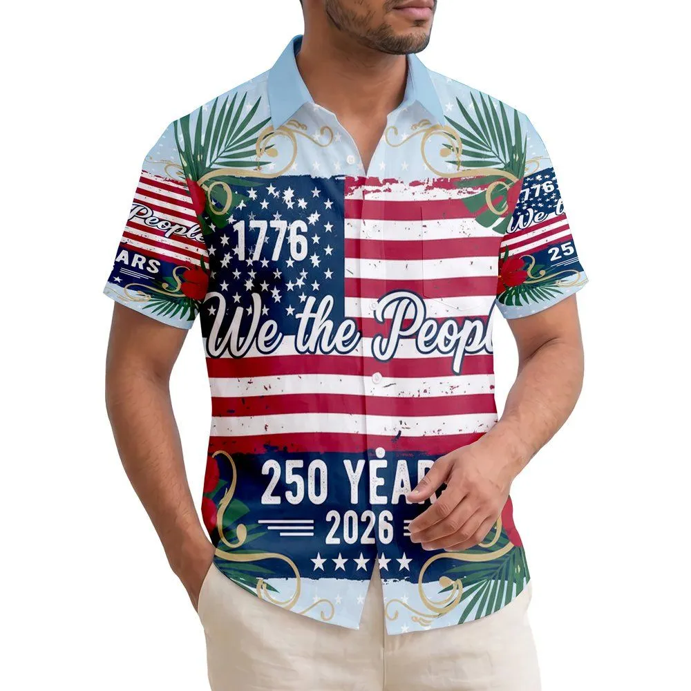 Patriotic Americana 250th Anniversary Flag 'We the People' 1776 Hibiscus Scroll Short-sleeve Hawaiian Shirt - 1