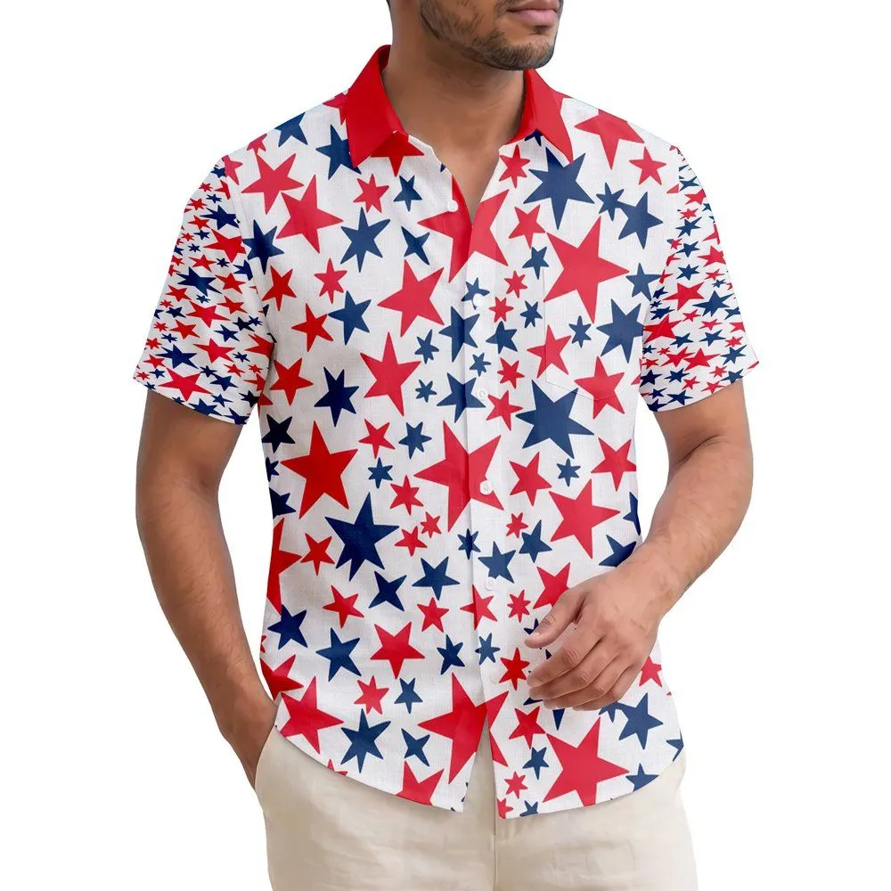 USA 250th Anniversary Patriotic Hawaiian All-Over Red Blue Star Scatter Textile Short-sleeve Hawaiian Shirt - 1