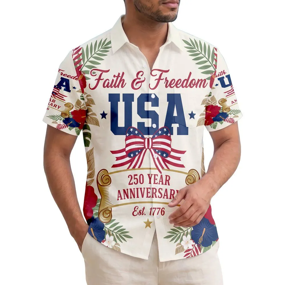 America 250th Anniversary Faith & Freedom USA Flag Bow Est. 1776 Floral Design Short-sleeve Hawaiian Shirt - 1