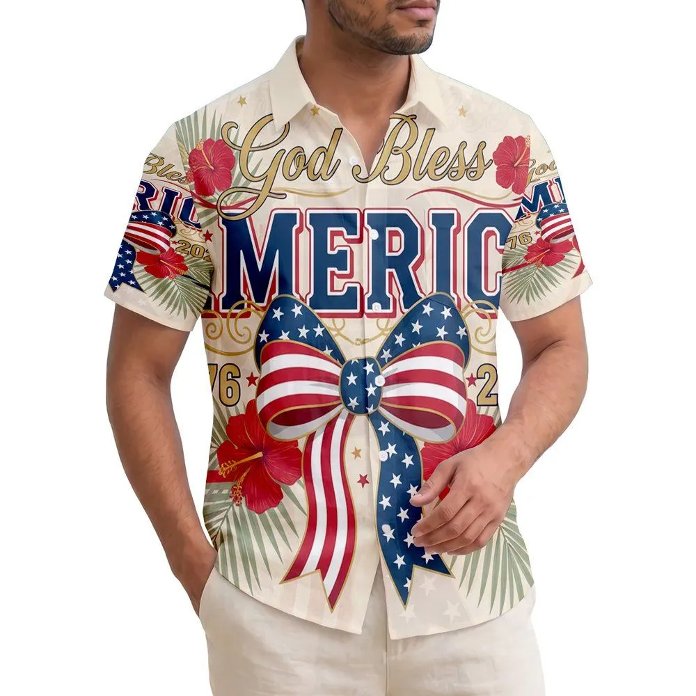 America 250th Anniversary God Bless AMERICA Patriotic Striped Star Bow Tropical 1776 2026 Short-sleeve Hawaiian Shirt - 1