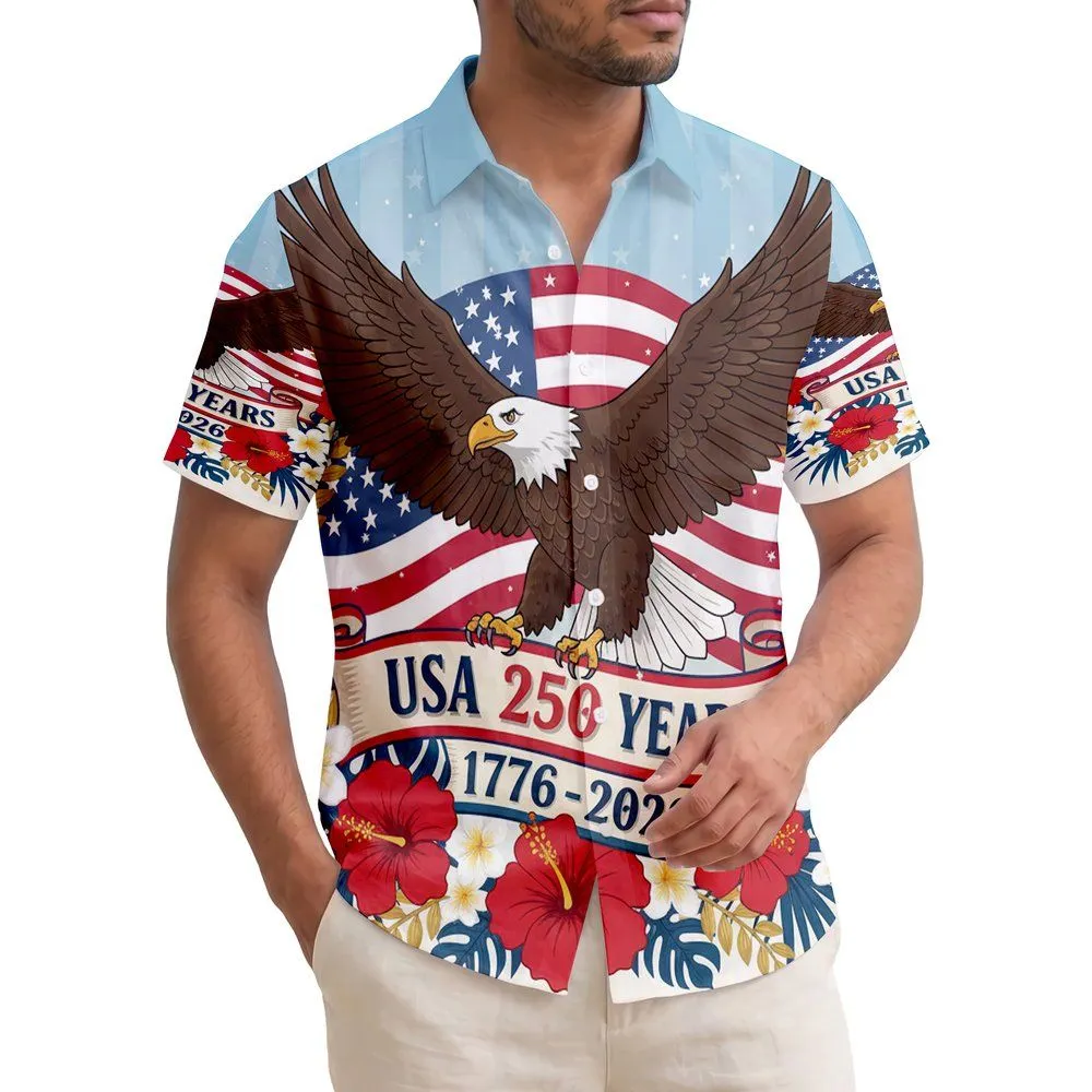 America 250th Eagle Hibiscus Flag: 1776-2026 USA Years Floral Design Short-sleeve Hawaiian Shirt - 1