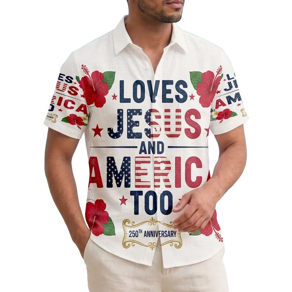 America 250th Anniversary: Loves Jesus & America Too Hawaiian Floral Star Motif Short-sleeve Hawaiian Shirt - 1
