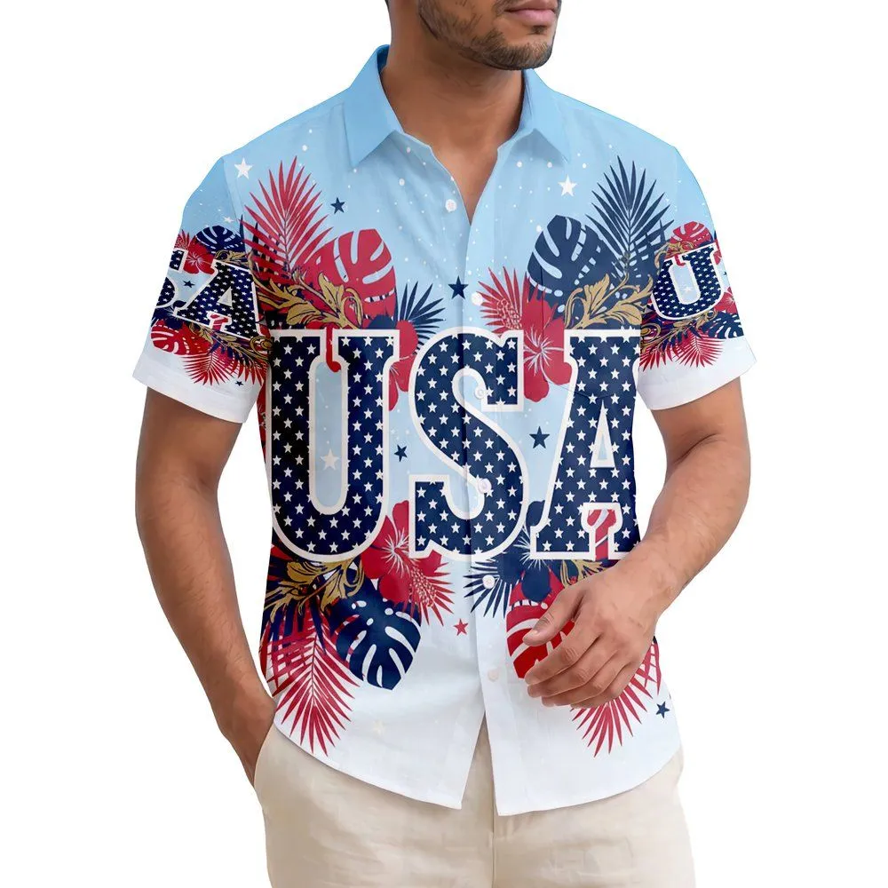 USA 250th Anniversary Patriotic Tropical Foliage 1776 2026 Stars Gold Scrolls Short-sleeve Hawaiian Shirt - 1