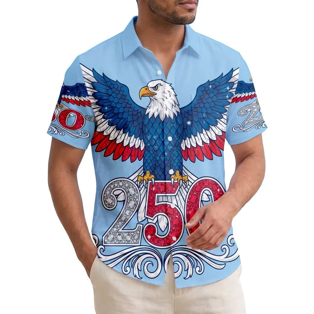 America 250th Anniversary Eagle: Spread Wings, Gem Red White Blue Silver 250 Emblem Short-sleeve Hawaiian Shirt - 1