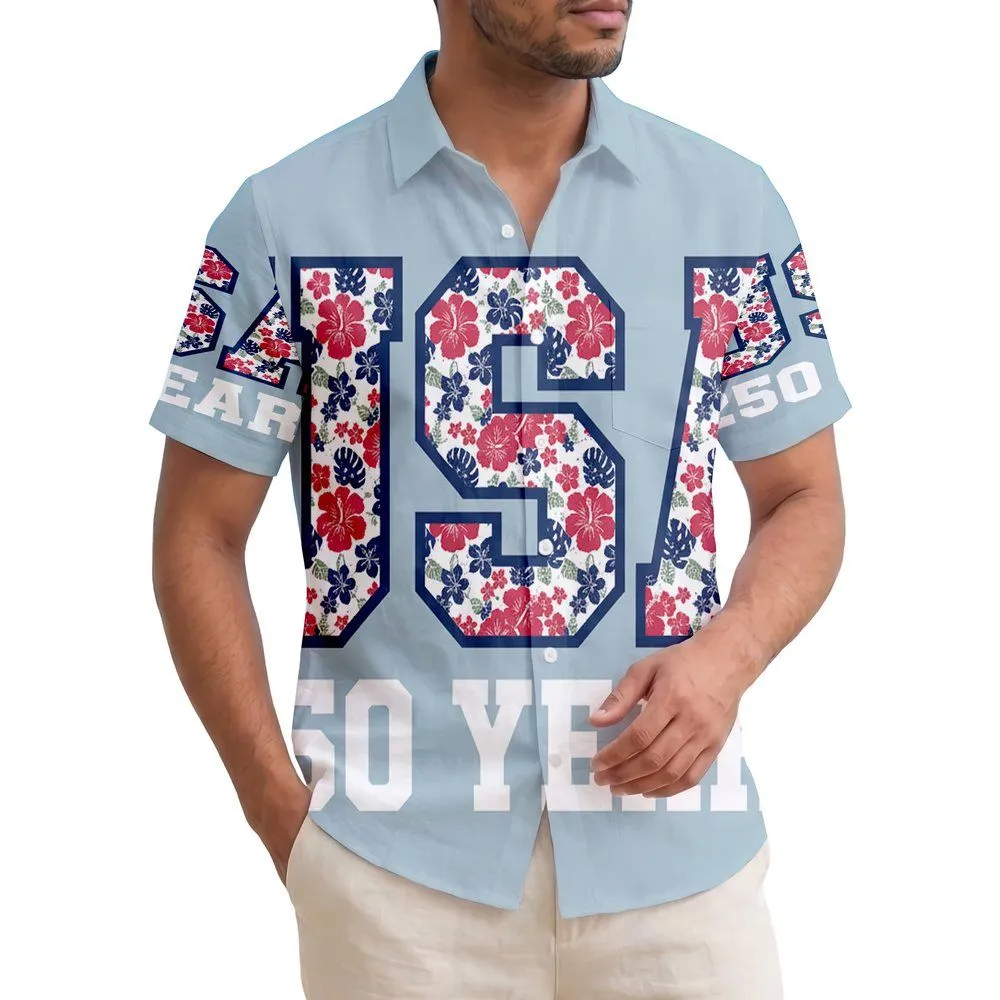USA 250th Anniversary Tropical Floral Letters 250 Years Crimson Navy White Short-sleeve Hawaiian Shirt - 1