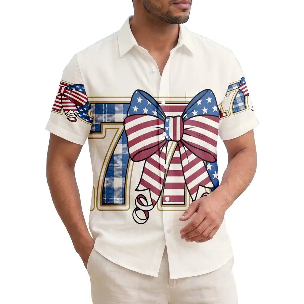 USA 250th Birthday: 1776 Patriotic Hawaiian-Inspired Stripes Plaid Stars & Bow Short-sleeve Hawaiian Shirt - 1