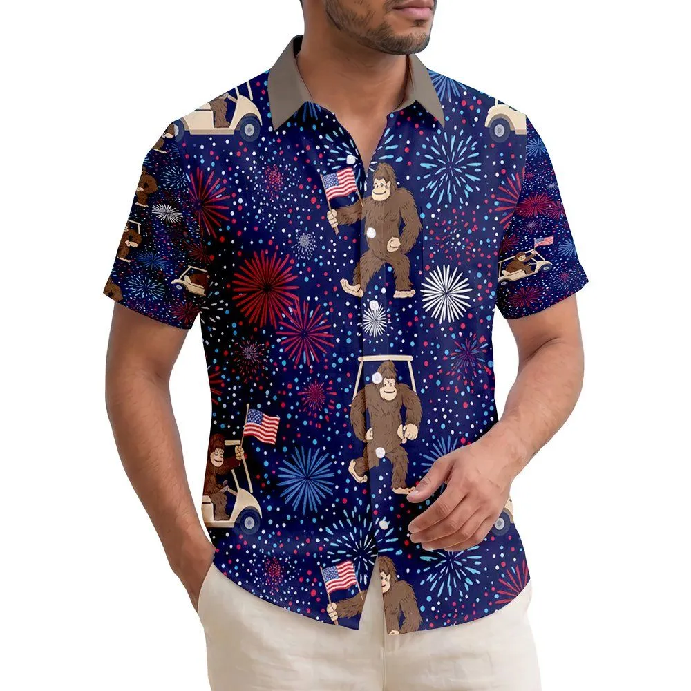 Patriotic Bigfoot 250th Anniversary Hawaiian Golf Cart Flag Fireworks Short-sleeve Hawaiian Shirt - 1