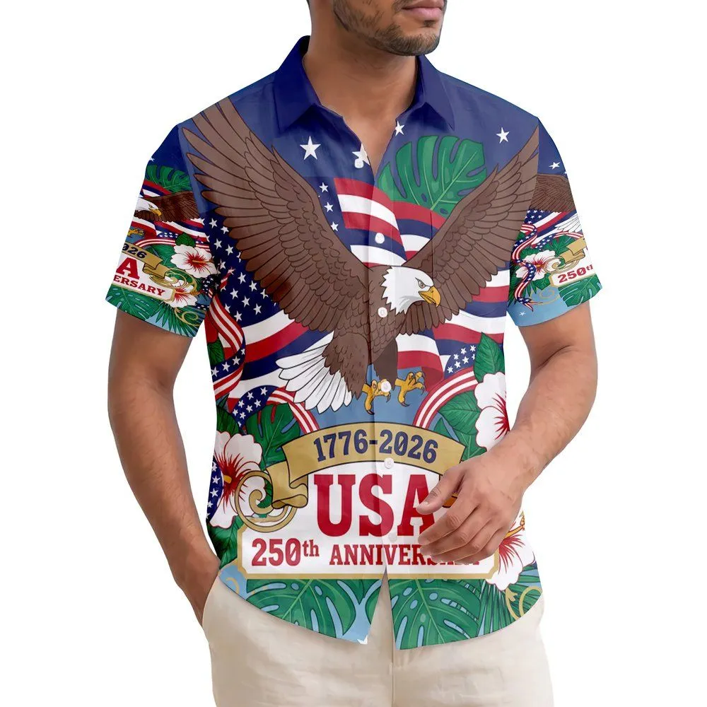 USA 250th Anniversary Bald Eagle American Flag Tropical Patriotic 1776-2026 Short-sleeve Hawaiian Shirt - 1