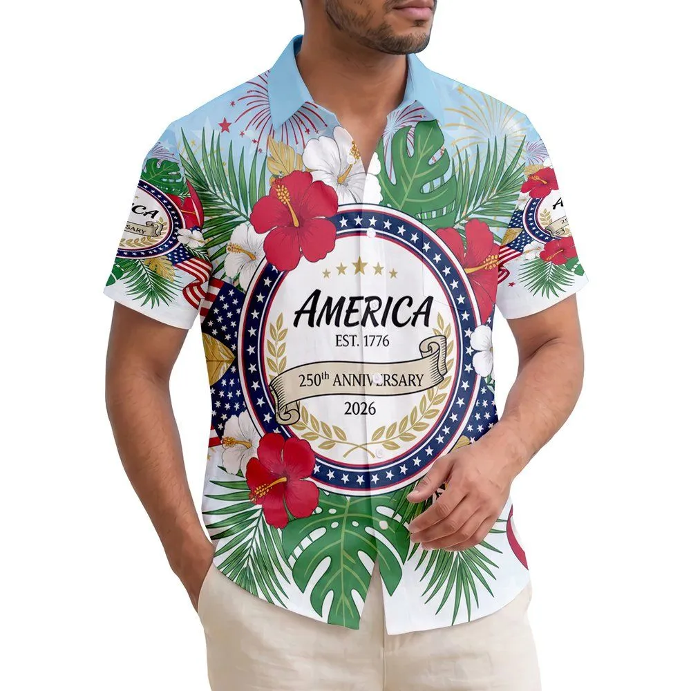 America 250th Anniversary EST 1776 Patriotic Scroll Stars Stripes Hibiscus Design Short-sleeve Hawaiian Shirt - 1