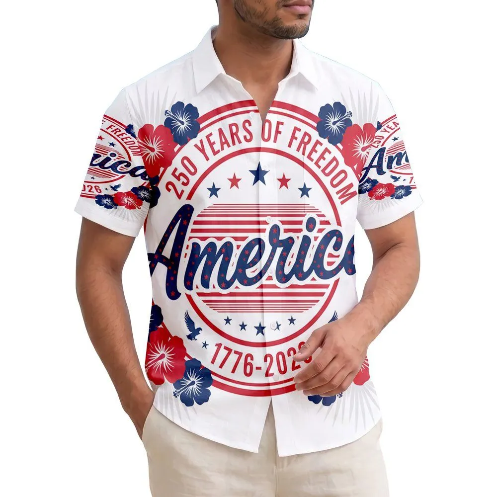 USA 250th Anniversary Emblem: Patriotic Freedom Hibiscus & Eagle Design Short-sleeve Hawaiian Shirt - 1