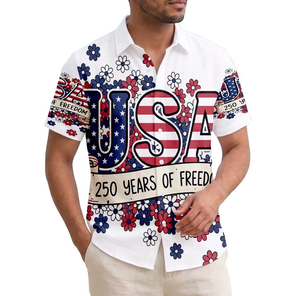 USA 250th Anniversary Patriotic Stars Stripes Freedom Banner Daisy Wreath Floral Short-sleeve Hawaiian Shirt - 1