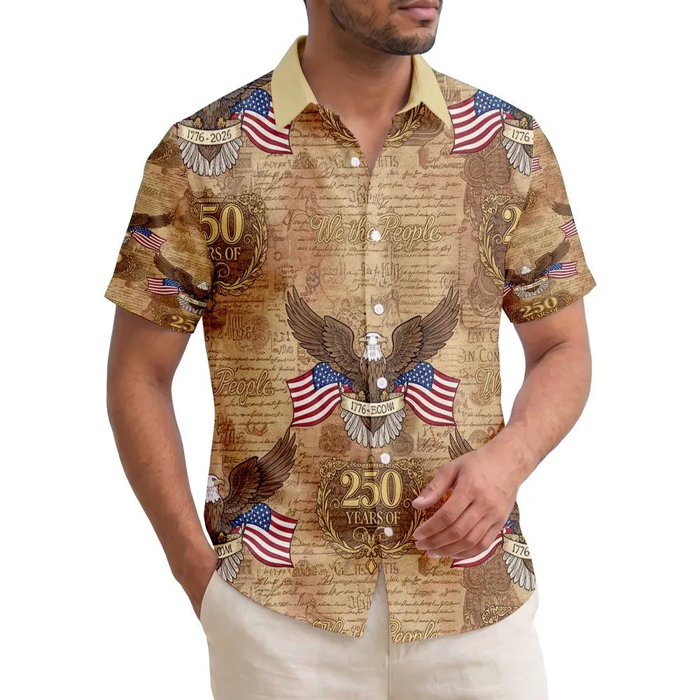 USA 250th Birthday Patriotic Eagle Flag Scrollwork Parchment Design Short-sleeve Hawaiian Shirt - 1