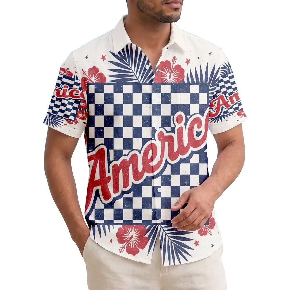 USA 250th Anniversary America Word Hawaiian Hibiscus Palm Checkerboard Est. 1776 Short-sleeve Hawaiian Shirt - 1