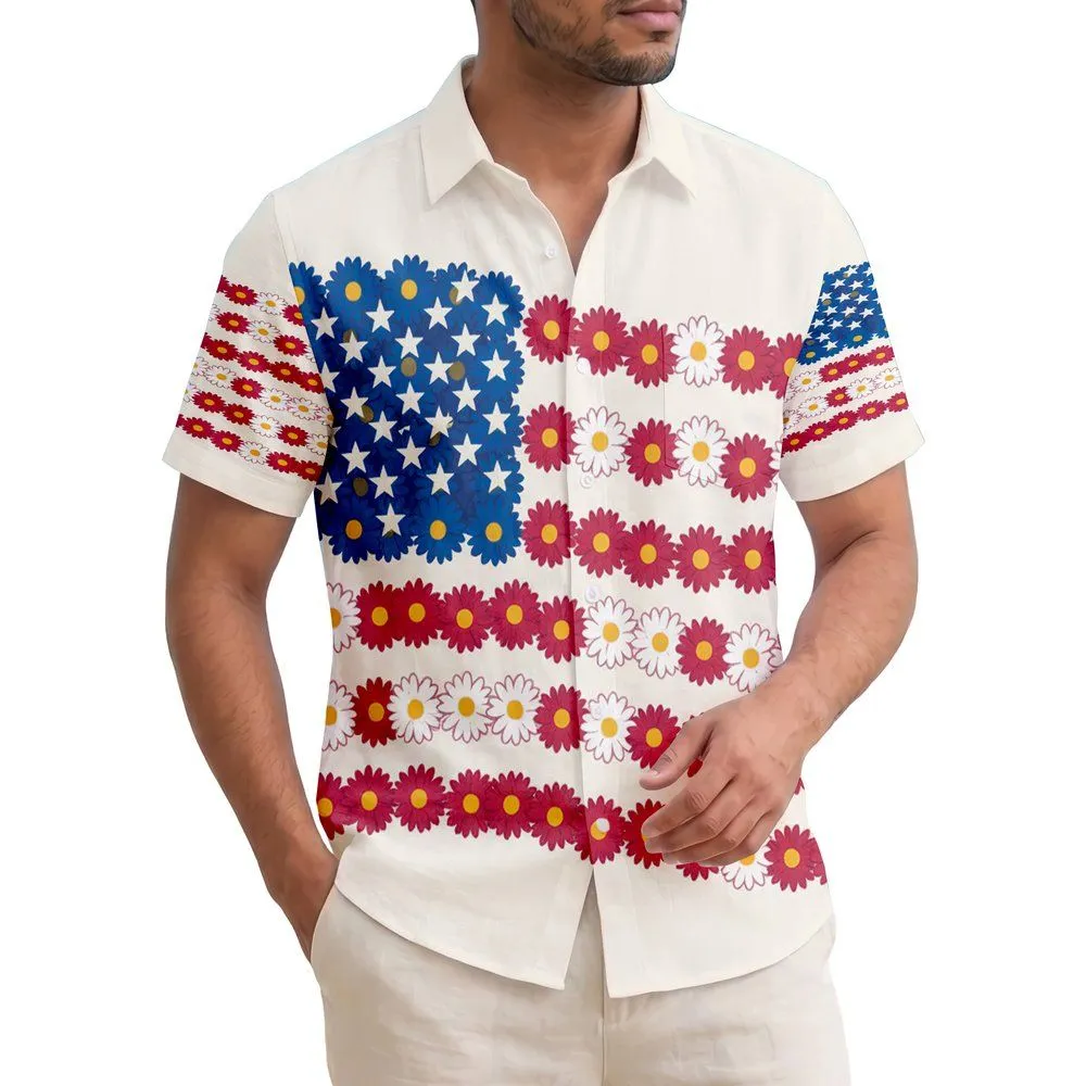 USA 250th Anniversary Floral Flag: Daisy Blue Crimson White Golden Yellow Short-sleeve Hawaiian Shirt - 1
