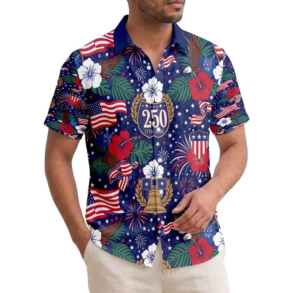 America 250th Patriotic Hawaiian Flag Eagle Hibiscus Print Short-sleeve Hawaiian Shirt - 1