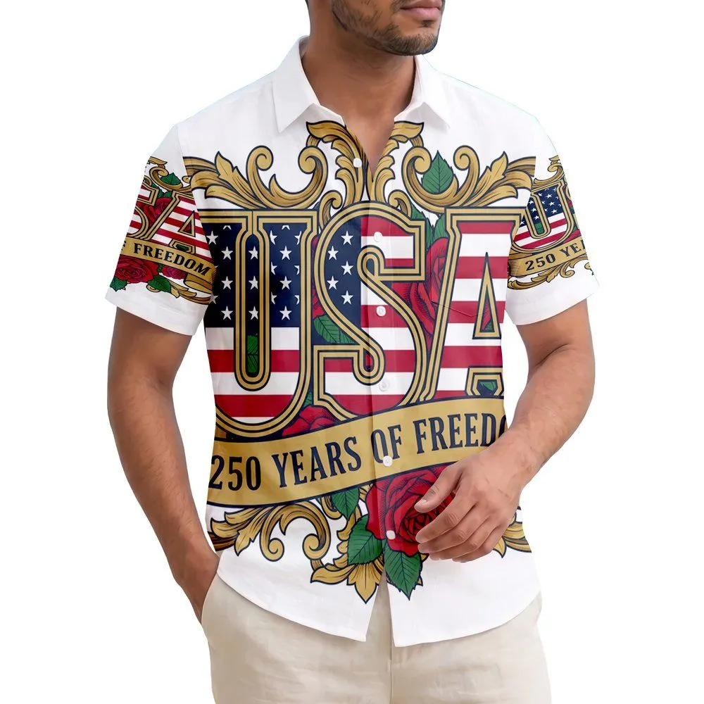 America 250th Anniversary USA Flag Stars Stripes Freedom Banner Crimson Rose Gold Baroque Short-sleeve Hawaiian Shirt - 1