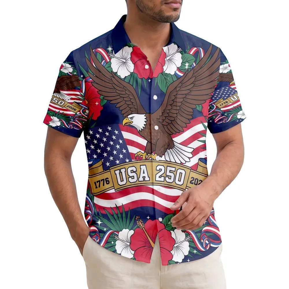 American Patriot 250th Anniversary: Bald Eagle Flag & Tropical Hibiscus, 1776-2026 Short-sleeve Hawaiian Shirt - 1