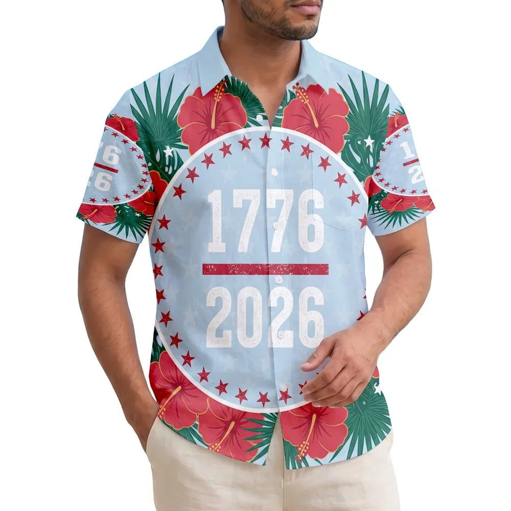 America's 250th Anniversary 1776-2026 Patriotic Hawaiian Distressed Stars Hibiscus Short-sleeve Hawaiian Shirt - 1