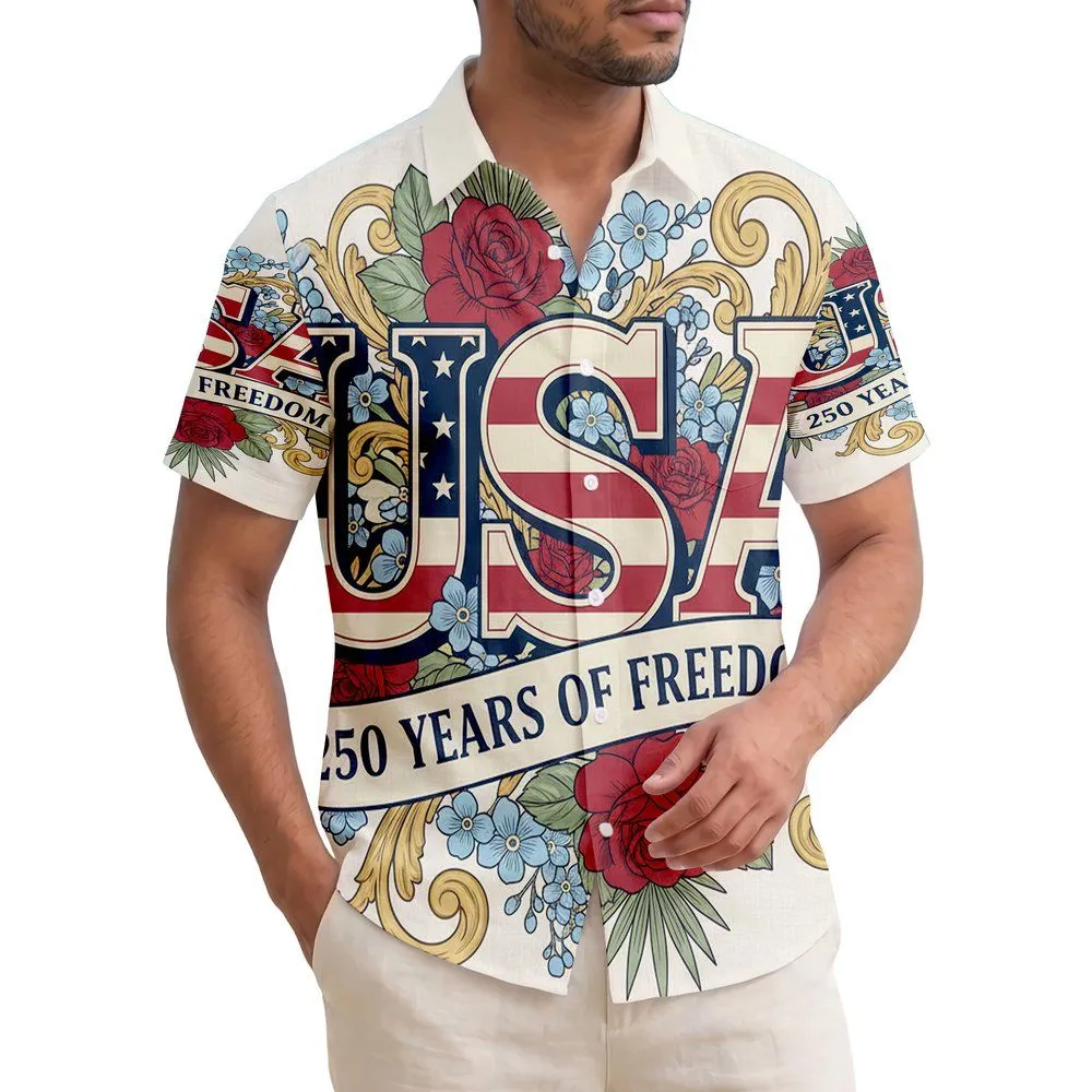 USA 250th Anniversary Freedom Banner: Patriotic Floral Scrollwork Illustration Short-sleeve Hawaiian Shirt - 1