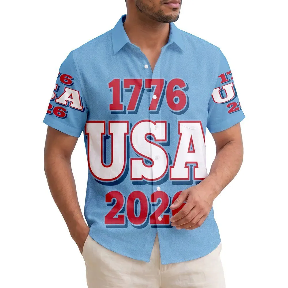 America 250th Anniversary 1776 USA 2026 Patriotic Stars Tropical Denim Blue Short-sleeve Hawaiian Shirt - 1